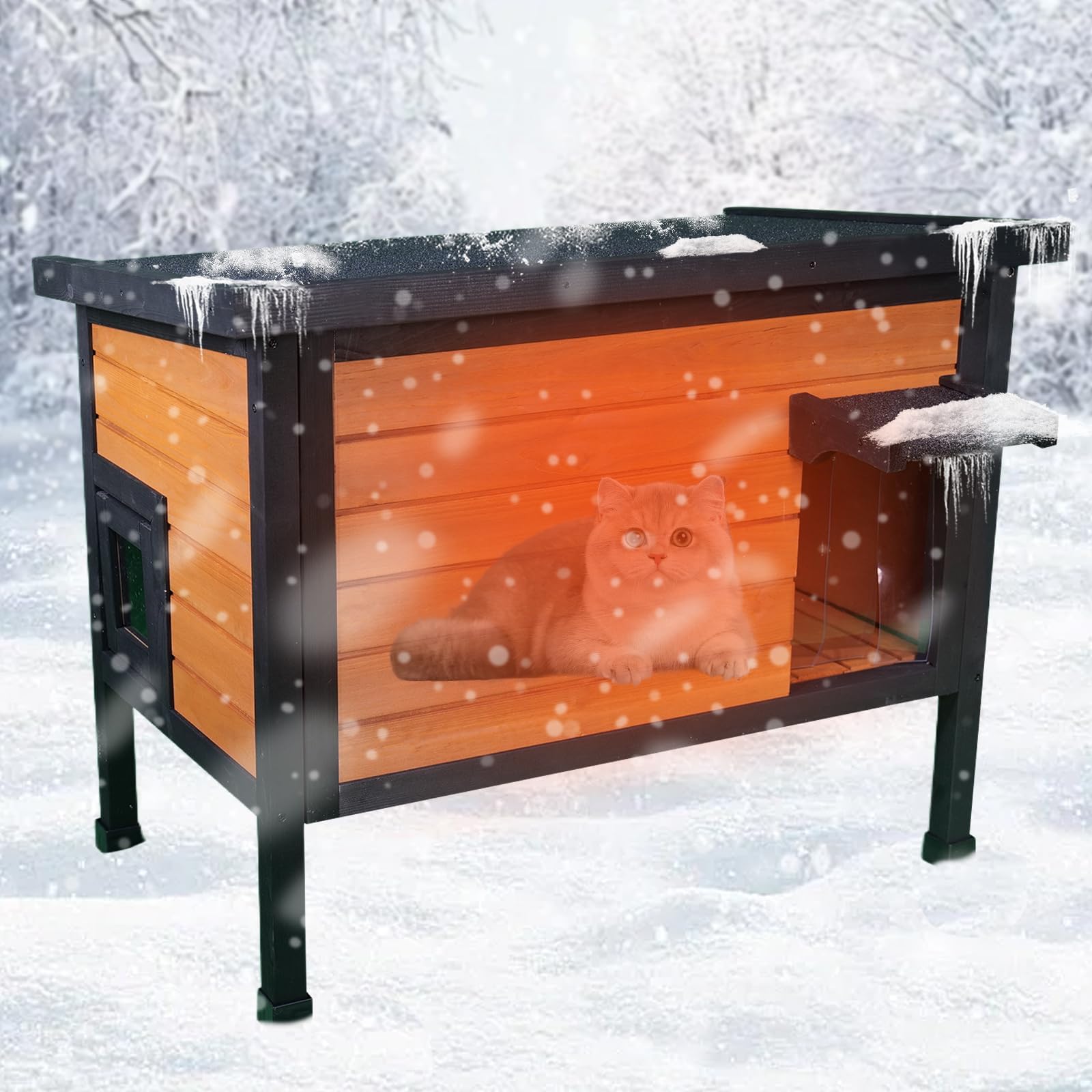 Outdoor Insulated Cat House Feral Cat Enclosure Cat Shelter Weatherproof for Winter with All-Round Foam Escape Door