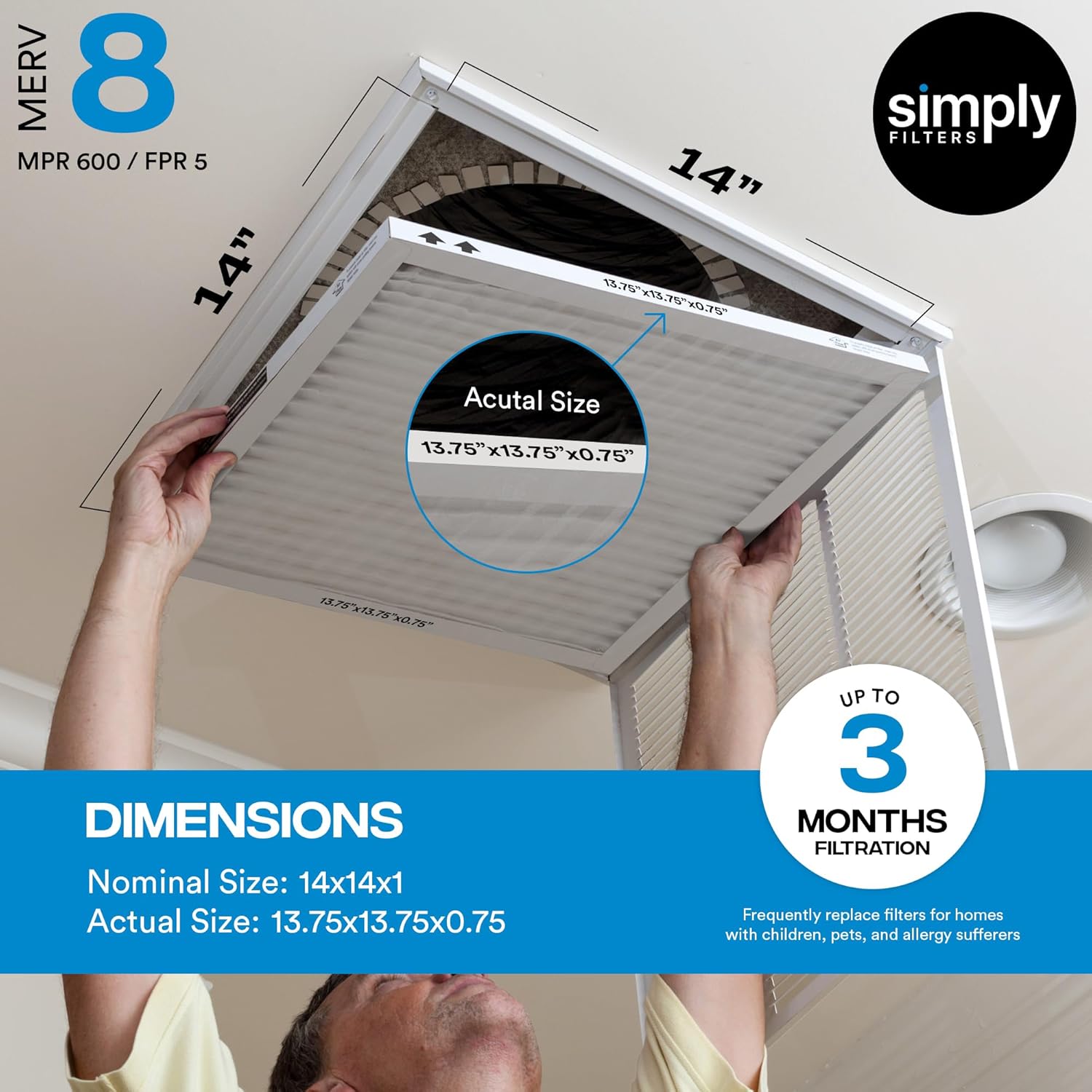 Simply 14x14x1 Air Filter, MERV 8, 6 Pack, For Home AC Furnace & HVAC (Actual Size: 13.75"x13.75"x0.75") DUST, Pet, & Allergy Control