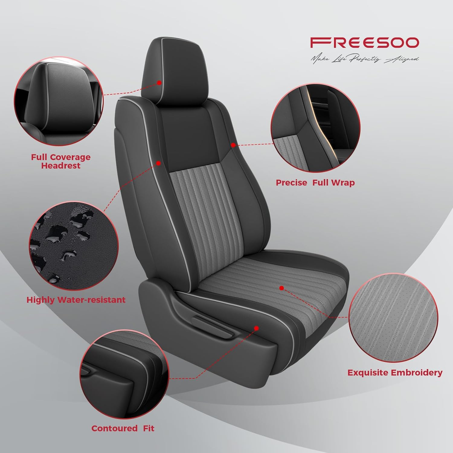 FREESOO Seat Covers for Jeep Grand Cherokee 2011-2021 - Custom Fit Full Set Car Seat Protectors with Airbag Compatibility, Waterproof Car Seat Cover (Black Grey)