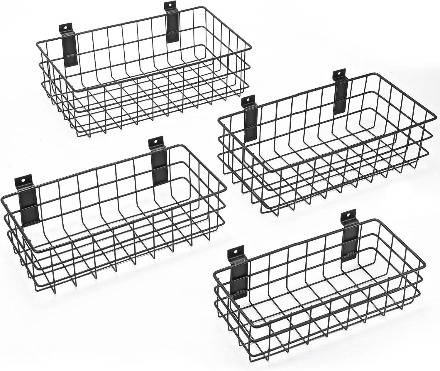 4 Pack Slatwall Basket Set, 4 Sizes Black Metal Wall Basket Wall Mounted Ventilated Wire Baskets Slatwall Storage Baskets for Garage, Slatwalls Panels, Kitchen, Bathroom