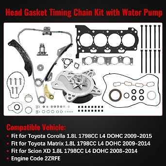HS26515PT Head Gasket Timing Chain Kit with Head Bolts Water Pump Fit for Toyota Corolla 1.8L 2009-2015, for Matrix 1.8L 2009-2014, for Scion Xd 1.8L 2008-2014, Replace 13506-0T020, 13540-0T020