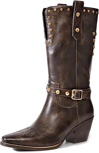 RONILURN Womens Cowboy Cowgirl Boots Wide Mid Calf Square Toe Riding Boots Block