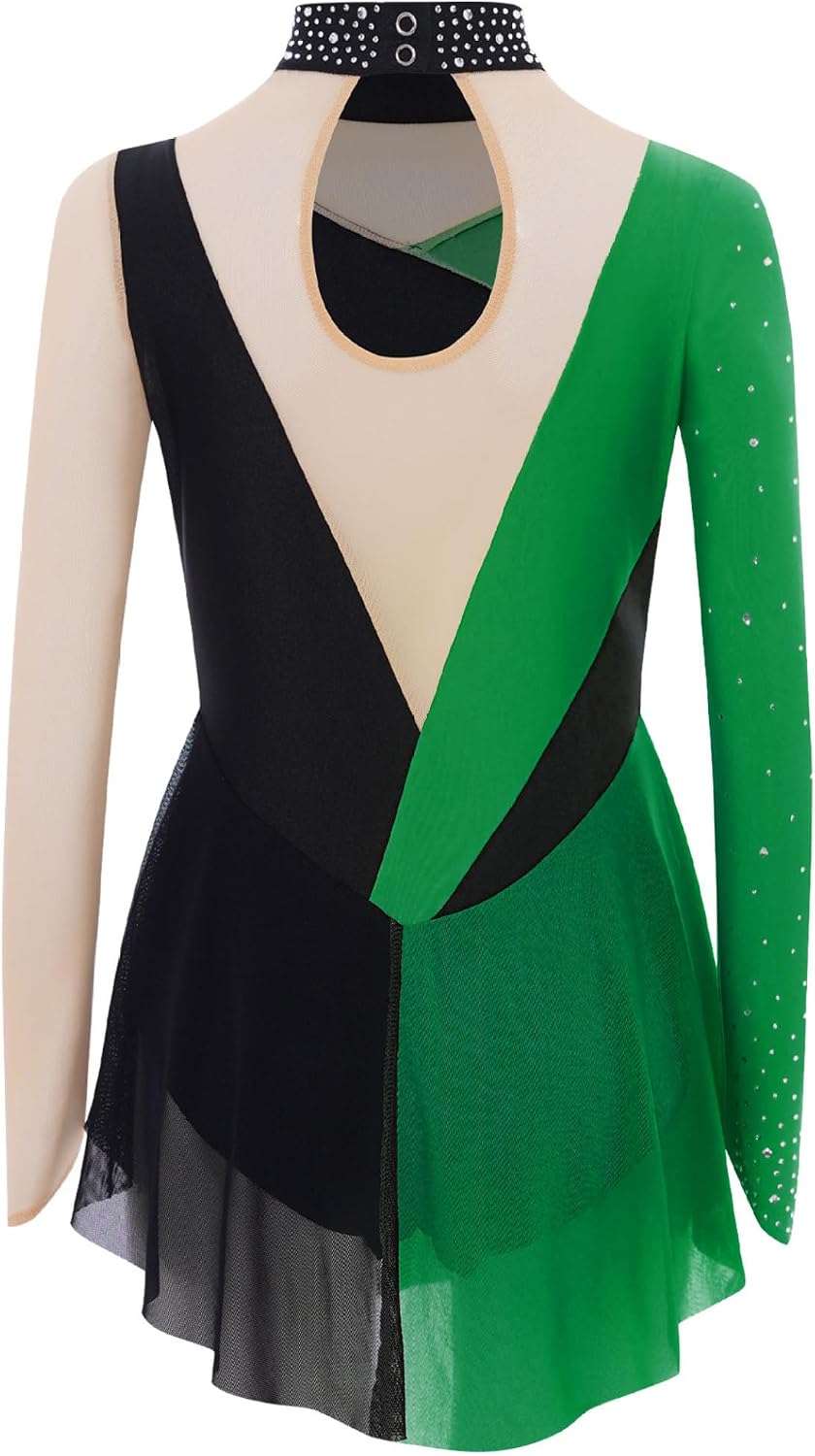 Kids Girls Figure Ice Skating Dress Long Sleeve Shiny Rhinestone Mesh Spliced Gymnastics Ballet Leotard