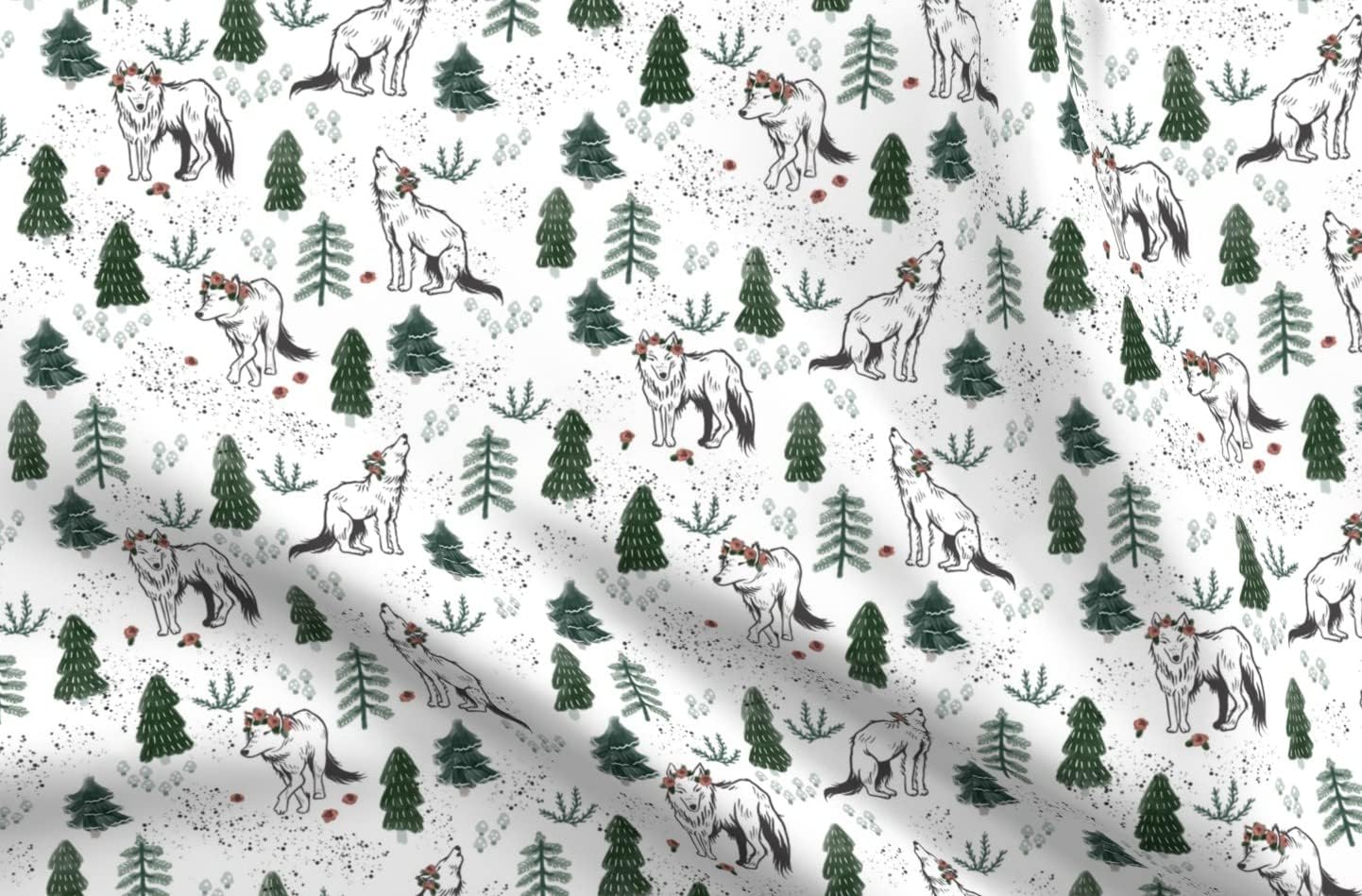Spoonflower Fabric - Flowers Crown Wolves Floral Woodlands Forest Animals Wolf Trees Printed on Upholstery Velvet Fabric Fat Quarter - Upholstery Home Decor Bottomweight Apparel