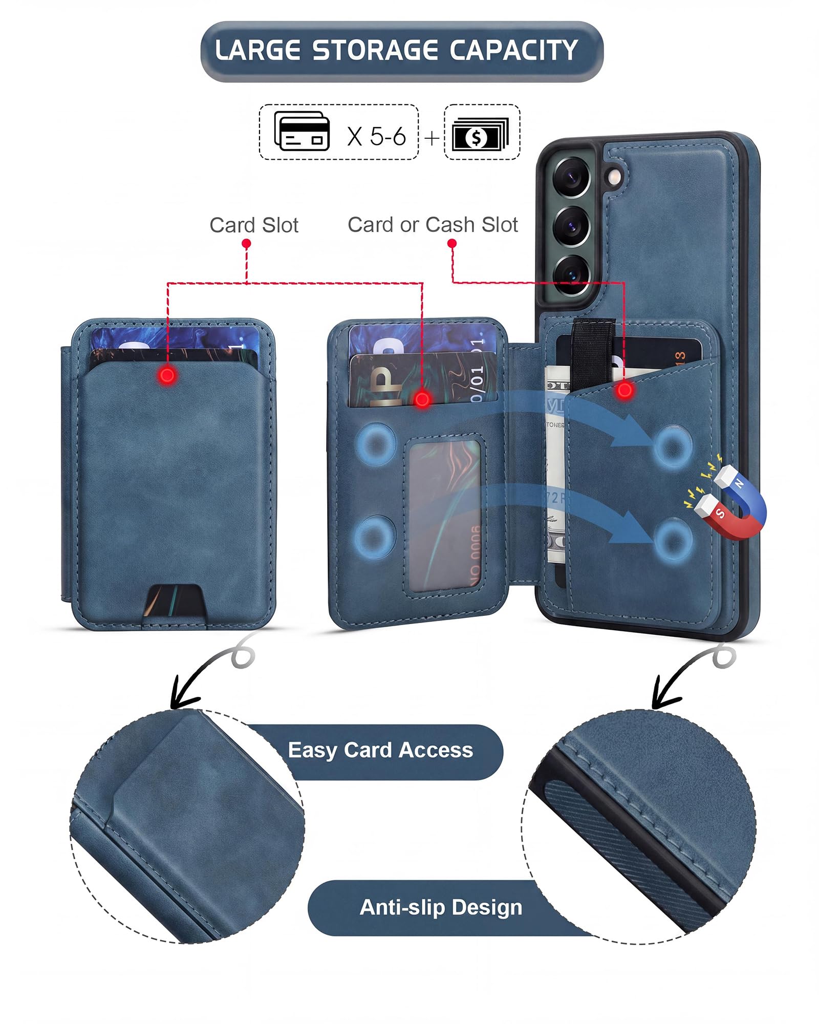 Custodia a portafoglio magnetica staccabile per Samsung Galaxy S22 con cavalletto, 2 in 1 compatibile MagSafe con blocco RFID, custodia sottile in pelle PU blu