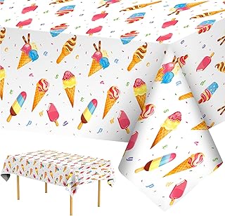Ice Cream Party Decorations Tablecloth - 2 Pcs Ice Cream Table Cloth, Disposable Plastic Rectangle Summer Icecream Themed Table Cover for Kids Birthday Party Supplies Favors Tables Decor, 108x54Inch