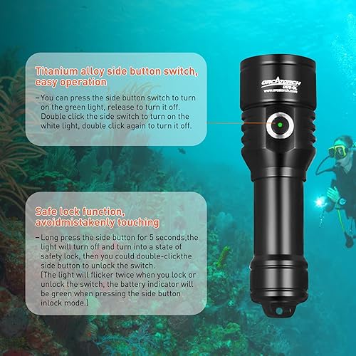 Miniatura 4 de ORCATORCH D570-GL 2.0 2-en-1 Luz de señal de buceo de 1500 lúmenes linterna subacuática, haz verde de 3,280.8 ft y combo de LED blanco, batería