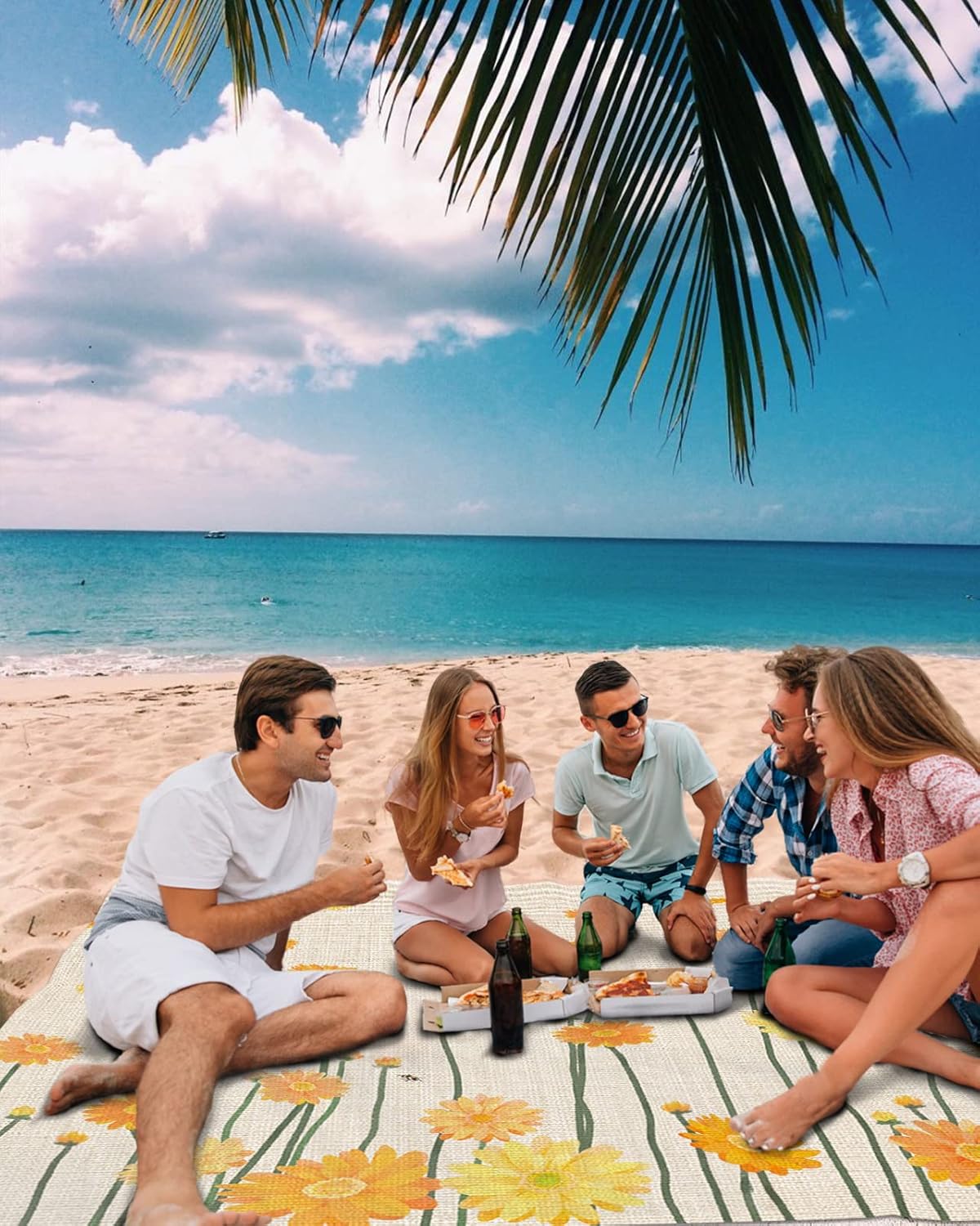 Beach Blanket, Summer Vintage Blossoms Flowers Field Bee Sandproof Beach Mat 83"x79" Outdoor Picnic Blankets Retro Plant Burlap Texture Portable Picnic Mats for Vacation, Travel, Camping, Hiking