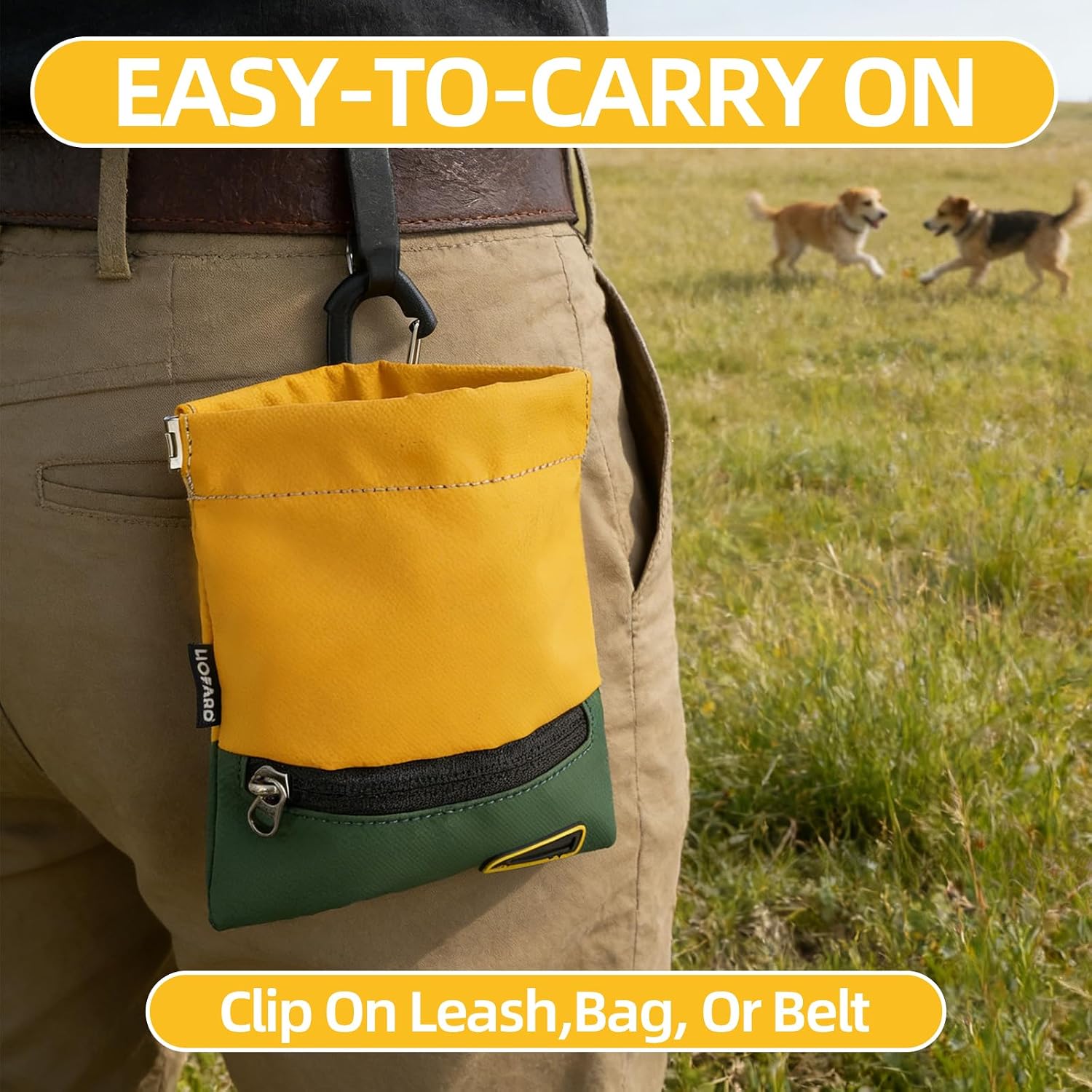 LIOPARD Portable Dog Treat Pouch, Hands-Free Pet Training Snack Bag with Carabiner, Auto-Closing Nylon Fabric Dog Walking Bag for Outdoor Use & Puppy Travel (Yellow) image 5