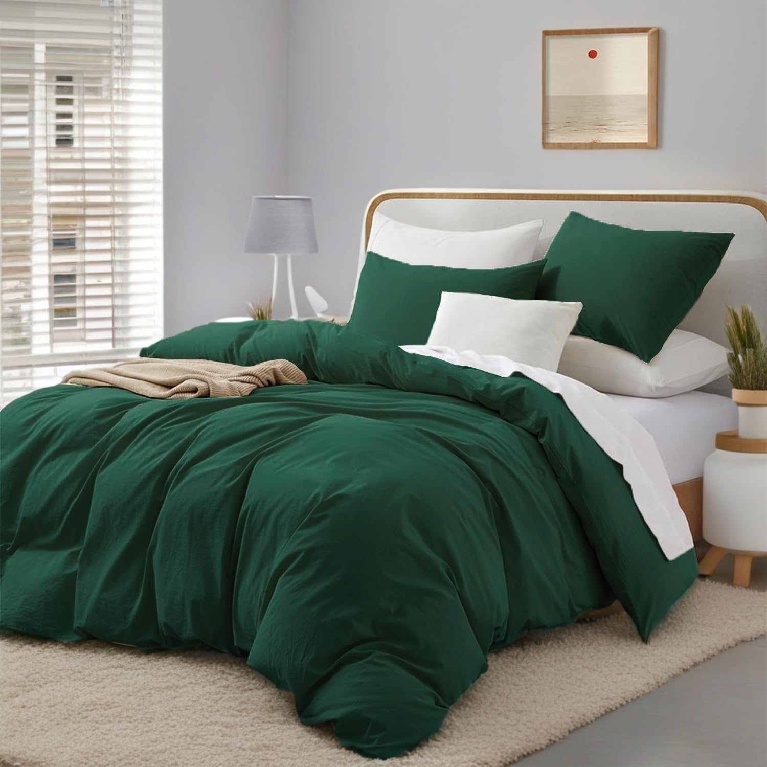 Gezu Bed Linen 220 x 240 cm Cotton Green 3-Piece Dark Green Linen Colour Plain Double Bed Linen Set Soft Cotton Feel Duvet Cover and Pillowcases 80 x 80 cm with Zip