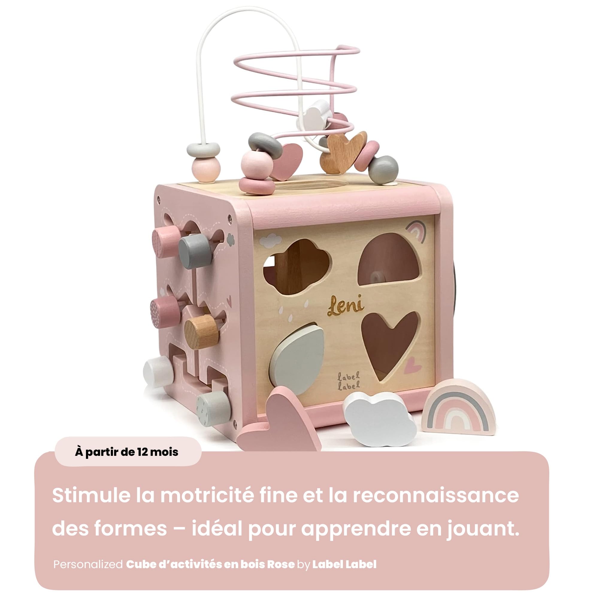 Cube d’activités en Bois Rose Personnalisable pour Enfants dès 12 Mois – Label Label