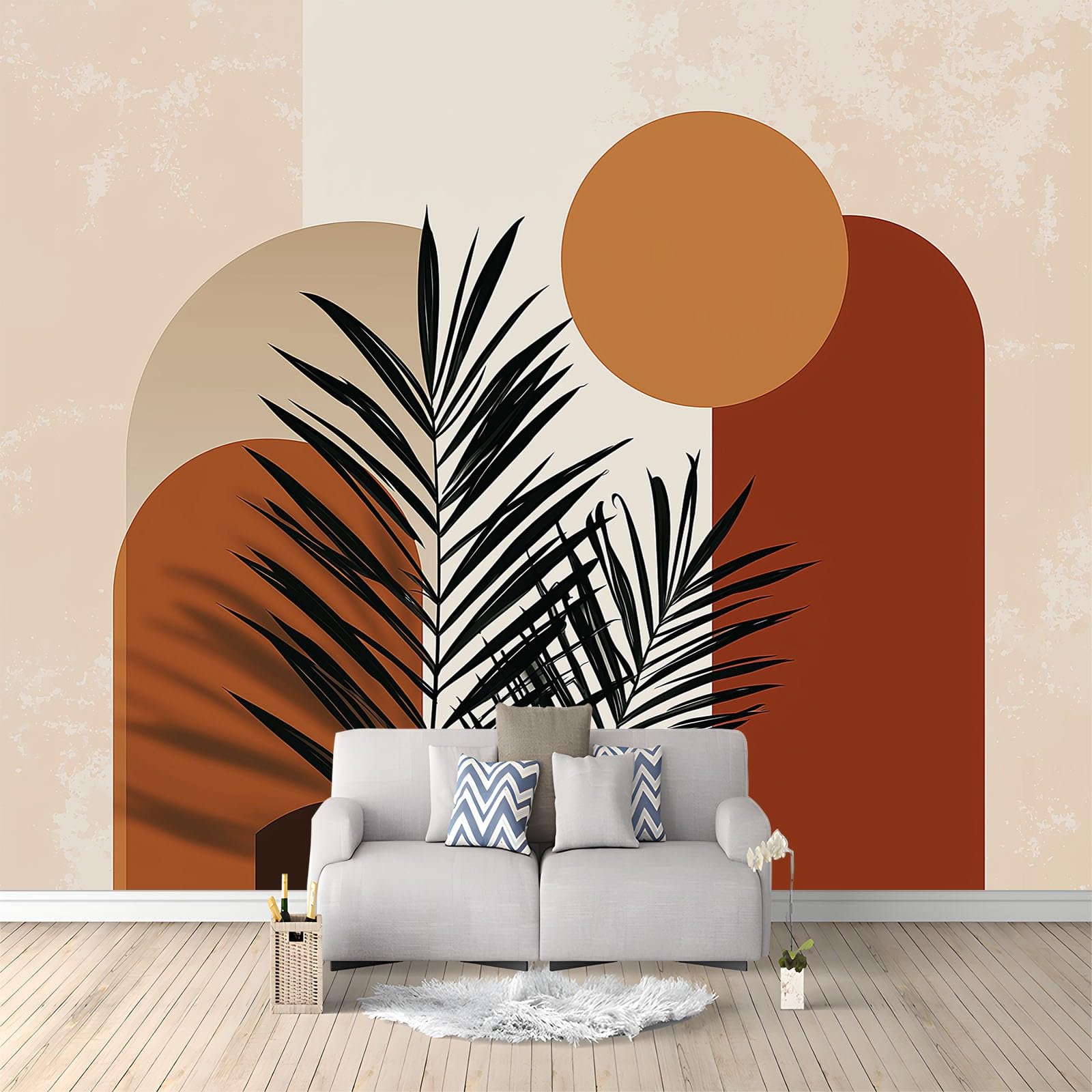 Panoramiczna tapeta 200 x 140 cm geometria rośliny liście palmowe włóknina XXL fototapeta dekoracja ścienna gobelin salon sypialnia - tapeta Trompe l'eil efekt 3D, terakota