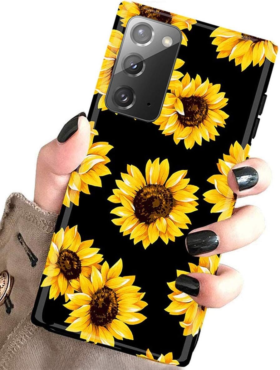 J.west Galaxy Note 20 Case for Girls Women, Unique Vintage Floral Cute Yellow Sunflowers Black Pattern Design Slim Soft Silicone TPU Phone Cover Protective Case for Samsung Galaxy Note 20 5G Sunflower