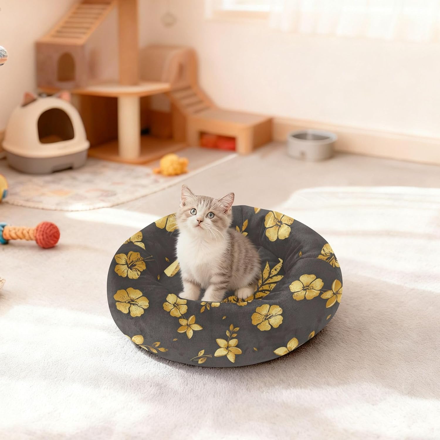 Pet Dog Beds Warm & Soft Fluffy Dog Pillow Bed for Medium Size Pets Sleeping M Golden Flowers and Pineapple Pattern