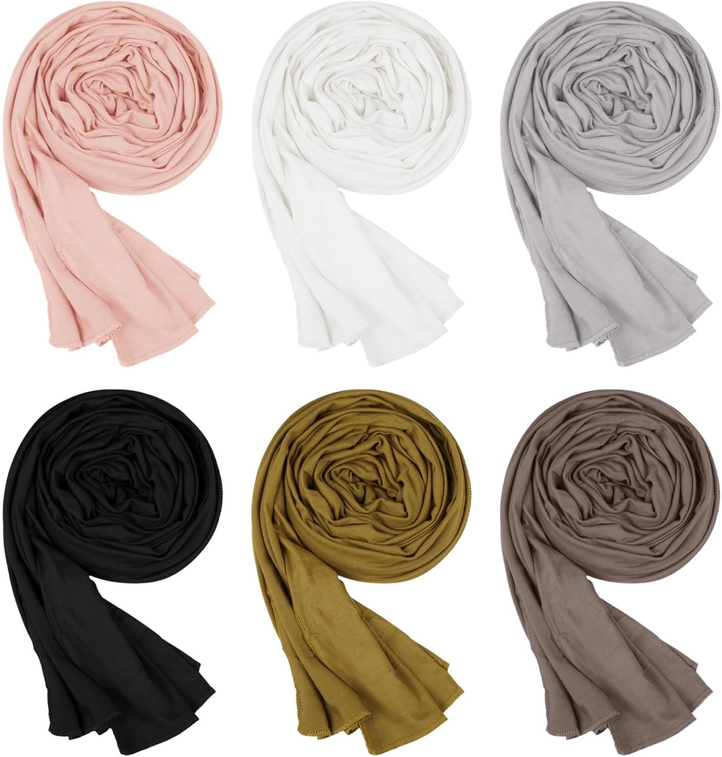 Muslim Head Scarf For Women, 6 Pcs, Jersey Hijab Wrap, Solid Color, Long Shawl For Daily Wear