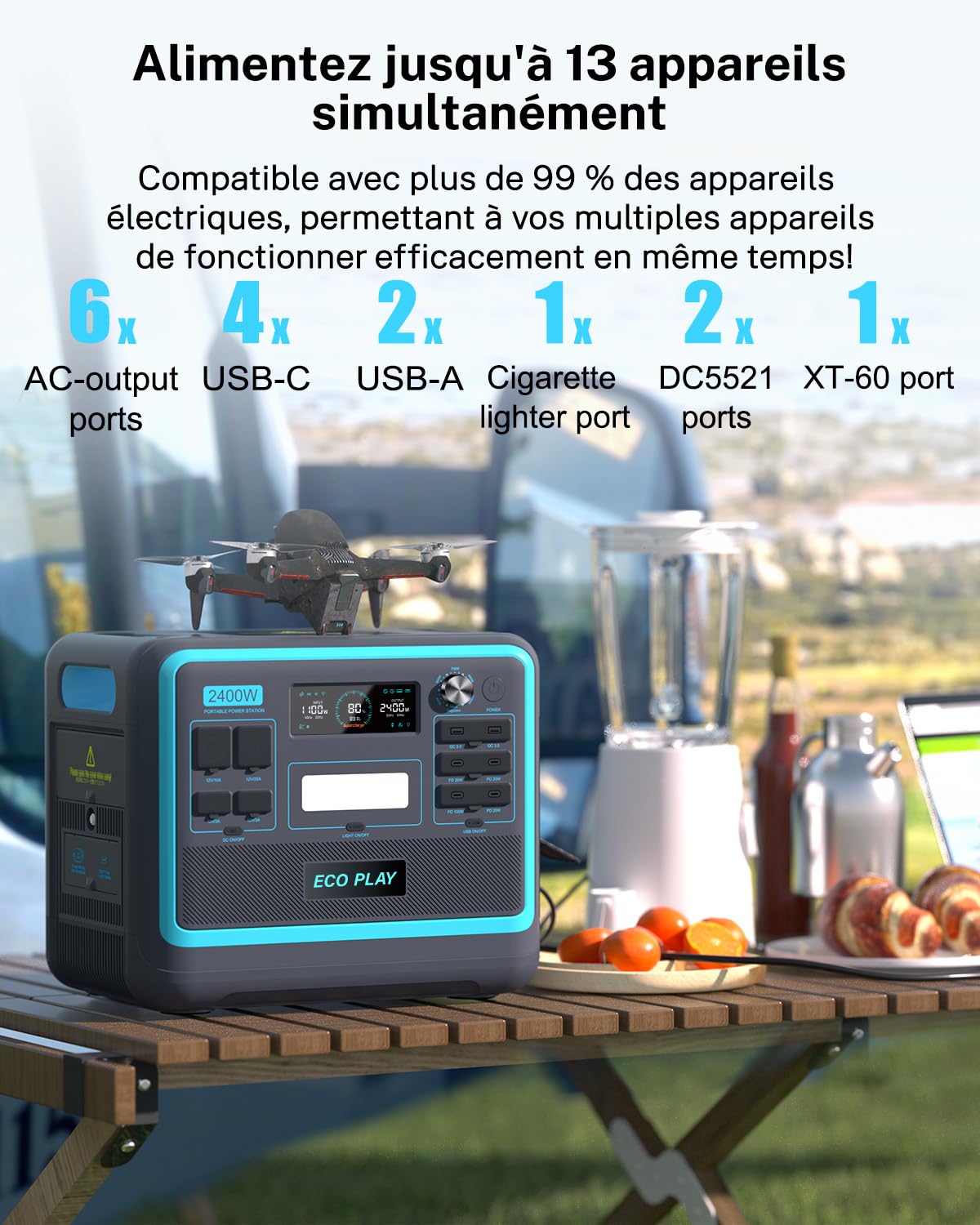 Eco Play Generateur Electrique Portable 2400W(4800W Pic), 2048Wh LiFePO4 Batterie de Secours,Générateur Électrique Solaire pour Camping/Maison/Bureau (Avec Chariot à Main Pliable)