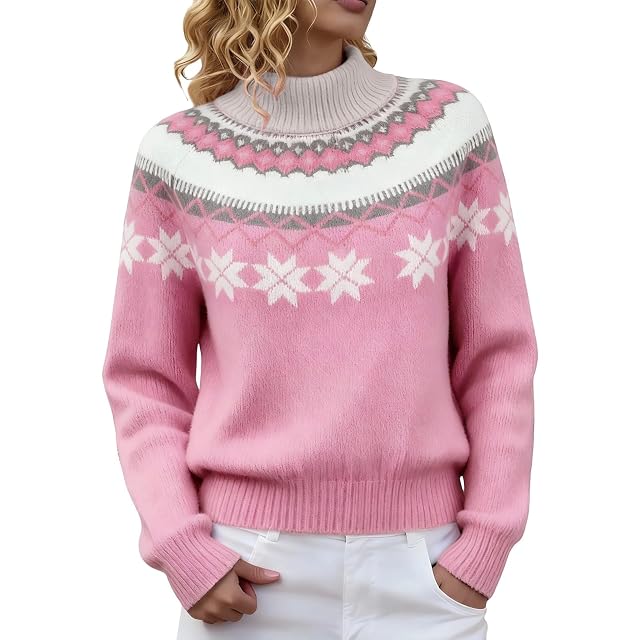 Fair Isle Sweater Women Plus Size Knitted Vintage Argyle Boho Print Sweaters Pullover Fall Winter Jumper Tops