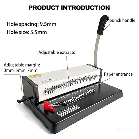 Coil Binding Machine with Manual Round Hole Punch, Adjustable Margin, Punch 15 Sheets, 30-Hole Design, Metal Shell for Office and Home Use
