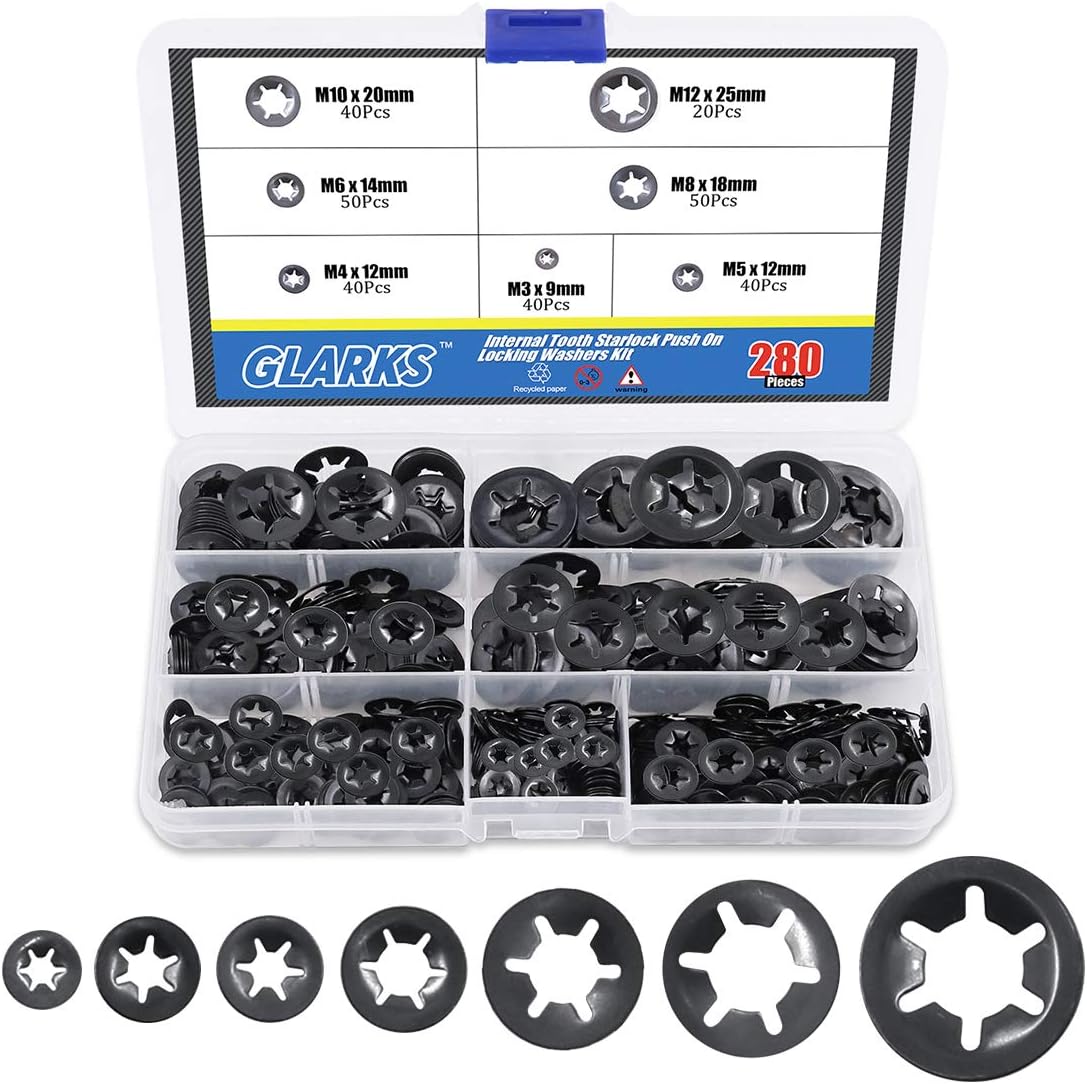Glarks 280Pcs Internal Tooth Starlock Push On Locking Washers Speed Clips Fasteners Assortment Kit