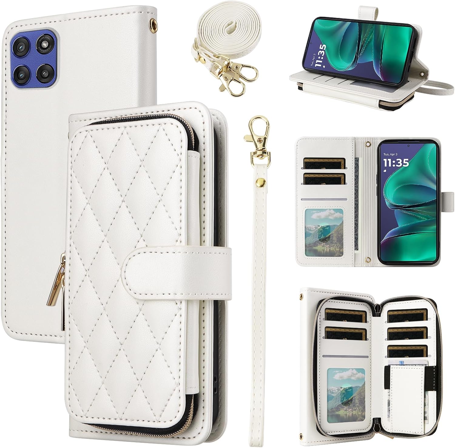 Argyle Wallet Case for Motorola Moto G Stylus 5G 2025 with Wrist/Shoulder Strap, Card Slots Zipper Purse Luxury PU Leather Card Holder Stand Checkered Cell Phone Cover for G5 Women White