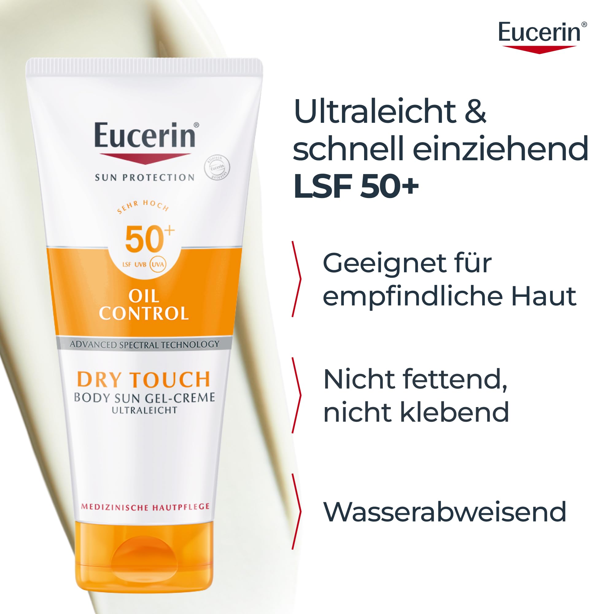 Eucerin® Oil Control Body Sun Gel-Creme LSF 50+ – sehr hoher Sonnenschutz mit ultra leichter Textur, Anti-Sand Effekt und Anti-Glanz Effekt, 200ml