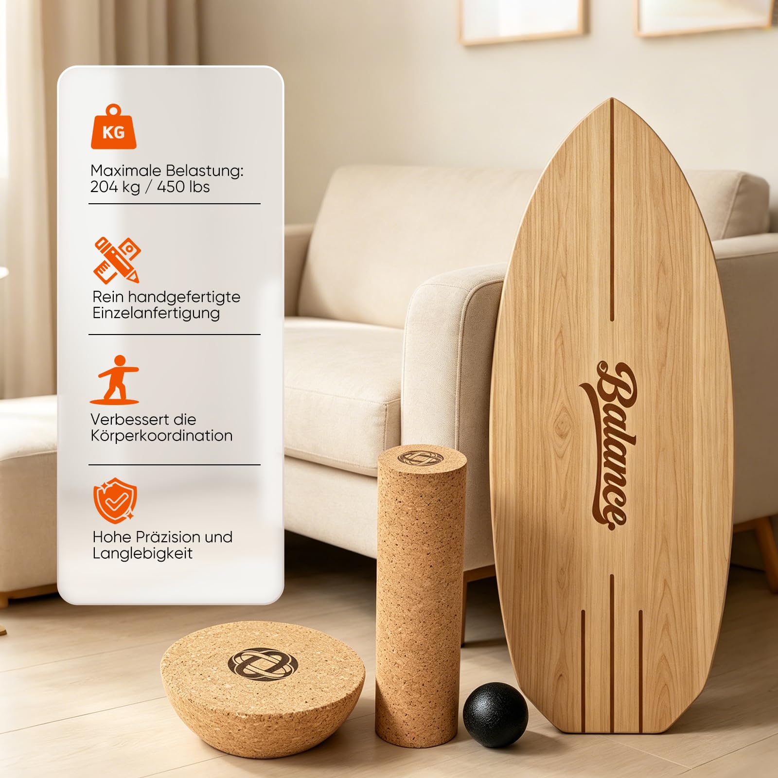 Balance Board aus Massivholz, 78 x 30 cm, bis 204 kg – Komplett-Set mit Rolle, Halbkugel & Faszienball – rutschfestes Gleichgewichtsboard für Fitness, Yoga & Reha,Holz