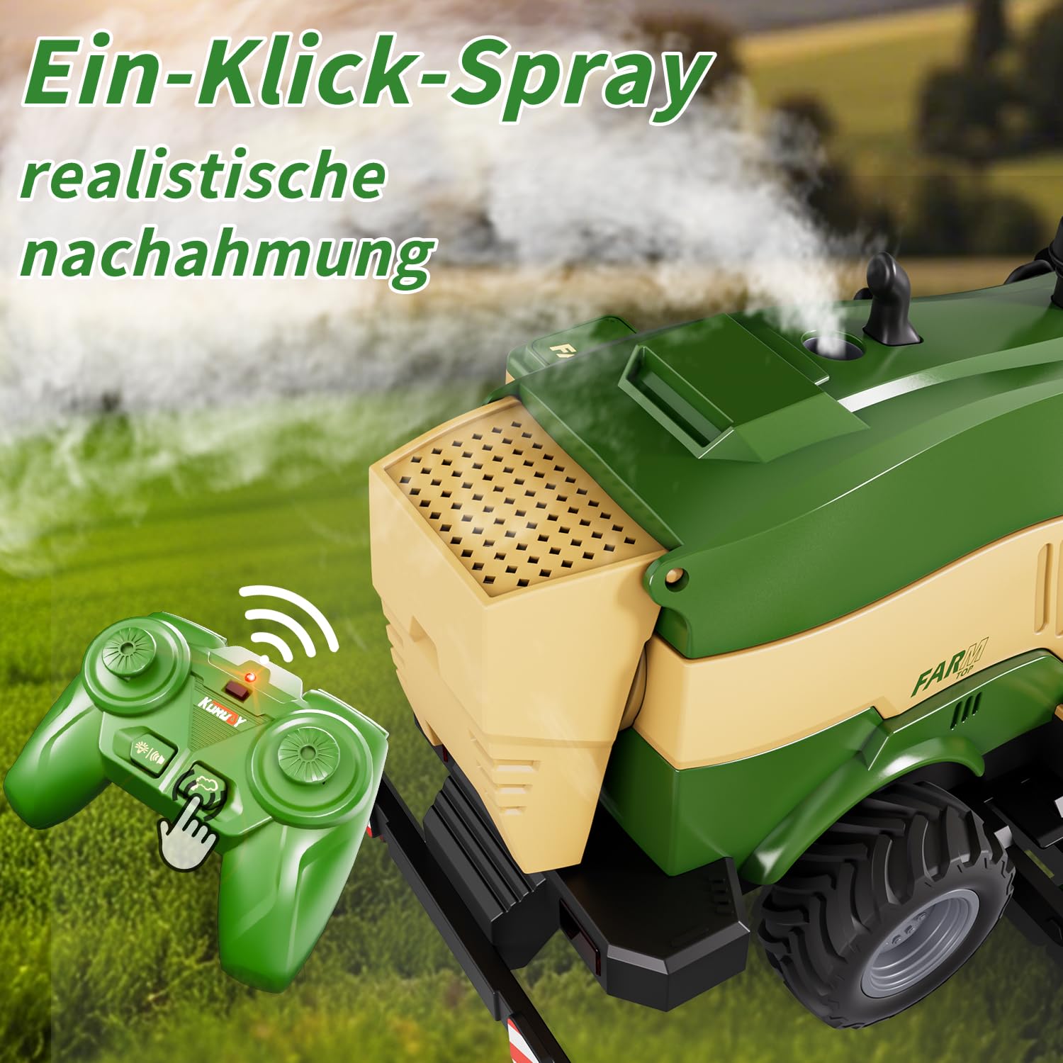 PENGBU RC Falciatrice giocattolo, mietitrebbia telecomandata per bambini, tosaerba, 2,4 GHz, trattore radiocomandato e trituratore di mais con suono/luce/spray, Harvester Trecker