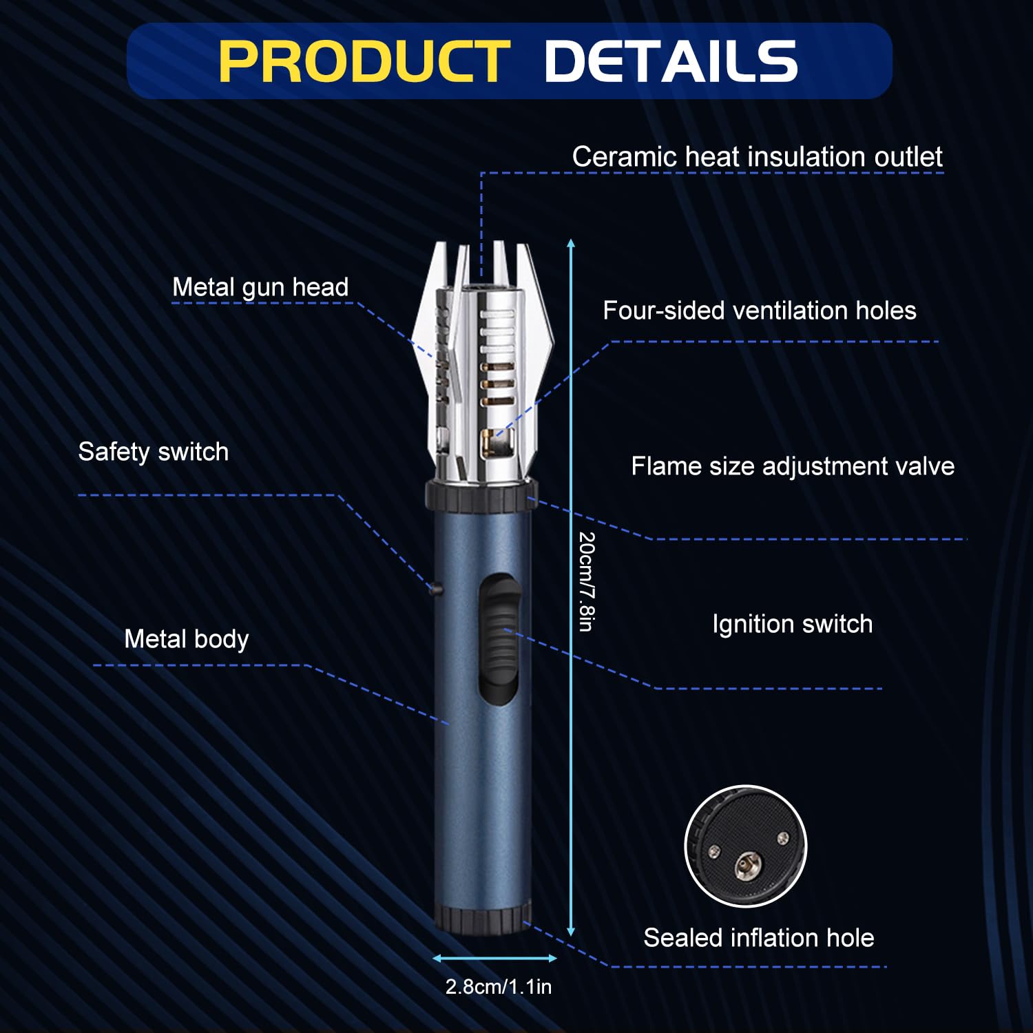 Camping Outdoor Windproof Straight Flame Lighter, Refillable Butane Lighter with Safety Lock and Adjustable Flame Size, for Outdoor BBQ Camping Kitchen Cooking (Black) 3