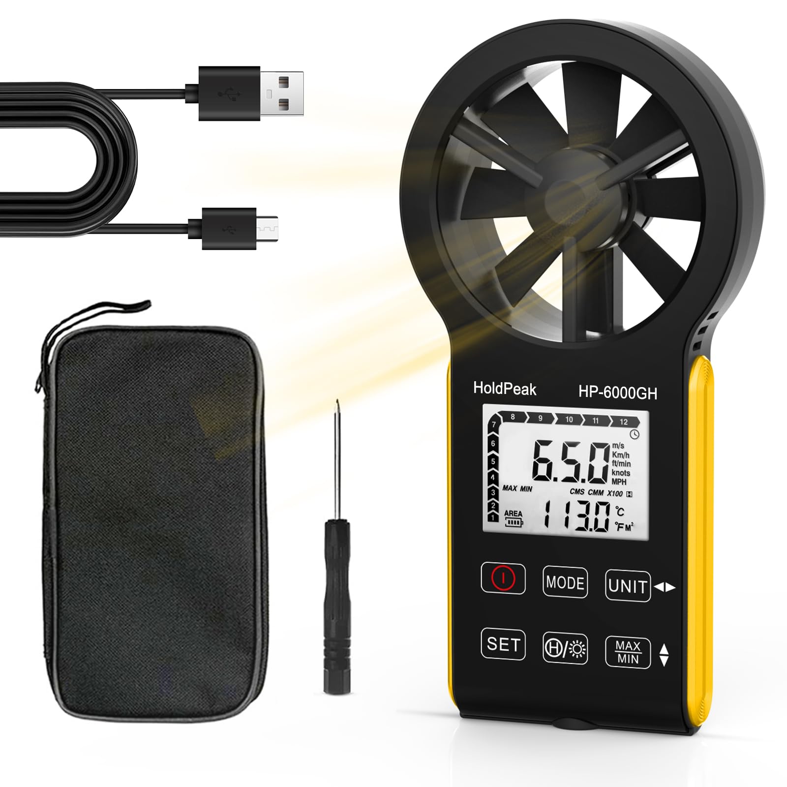HOLDPEAK Anemómetro Digital VMC Medición de la Velocidad del Viento Temperatura USB C Pantalla LCD Retroiluminada Anemómetro Portátil Exterior Kitesurf