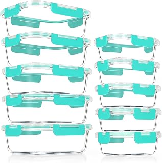 10Pack Glass Meal Prep Containers, Airtight Glass Lunch Containers,Stackable Glass Food Storage Containers Set with Lids,Exclusive of BPA, for Microwave,Oven, Freezer&Dishwasher Friendly,Green