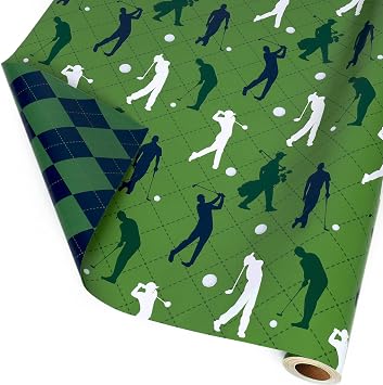 LaRibbons Golf Wrapping Paper Mini Roll, Reversible Green Golf and Plaid Design, Perfect for Men, Sports Party, Birthday, Fathers Day, Team Celebration, 17" x 33 46.7 sq. ft
