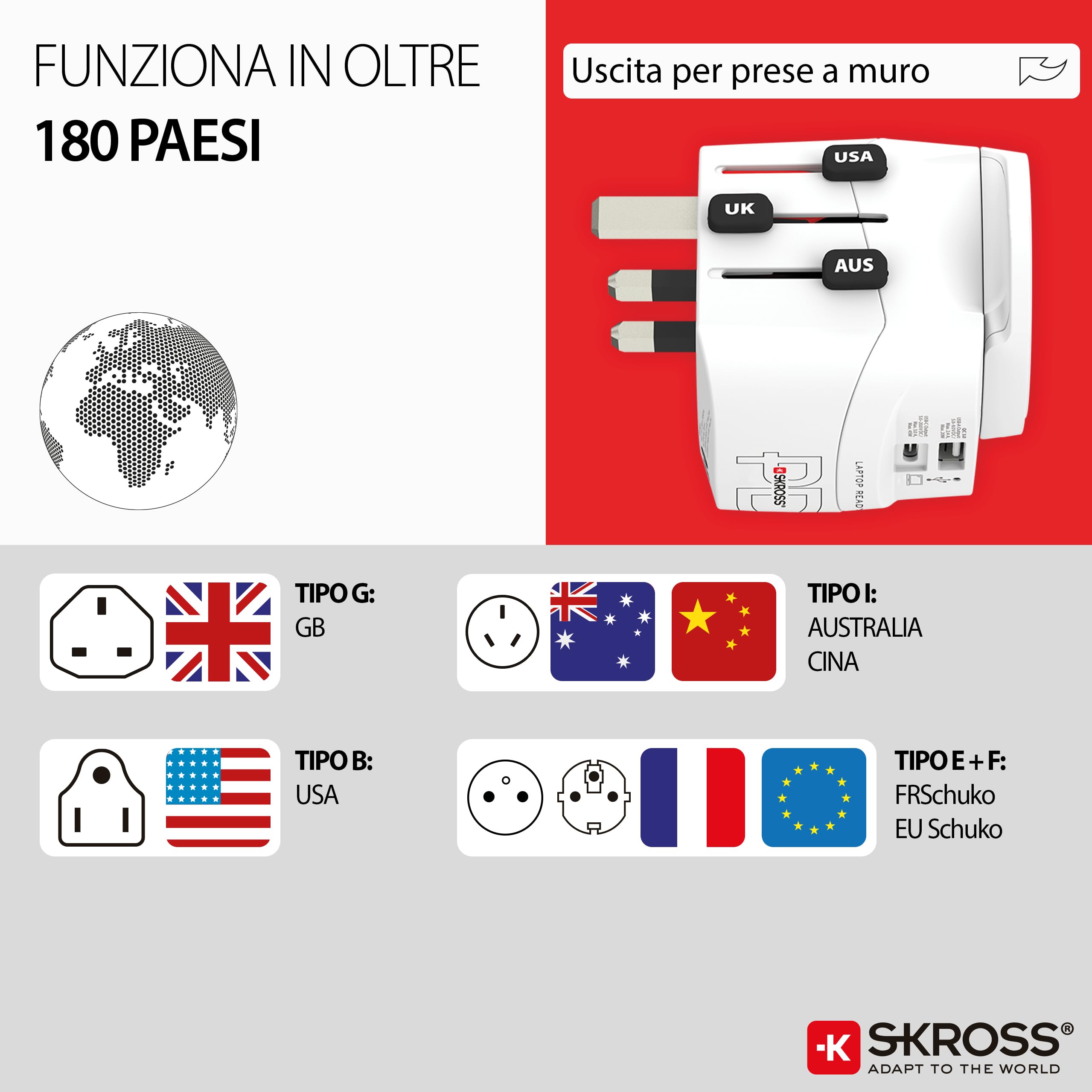 SKROSS - PRO Light USB AC45PD - Adattatore Universale da Viaggio da e per il Mondo con 2 Prese USB - Fast Charge da 45W - Tensione e Potenza : 100 V AC – 700 W / 250 V – 1750 W
