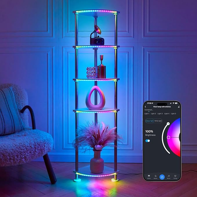 HOPEDAMAI Floor Lamp with Shelves Height Adjustable Music Sync LED Corner Floor Lamp with Charging Stationl Dimmable and Timing RGB Standing Lamp for Christmas Gifts White 5-Tier