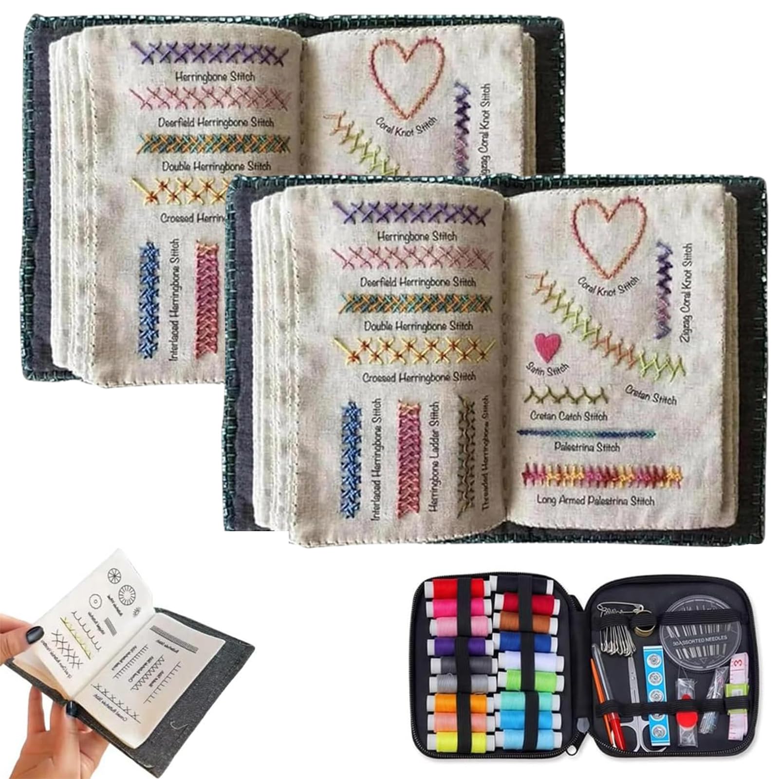 kyno 2026 New Embroidery Stitch Book Kit for Beginners and Adults, DIY Sewing Books of Stitches with Multiple Sewing Kit, 106 Unique Patterns (2 Set)
