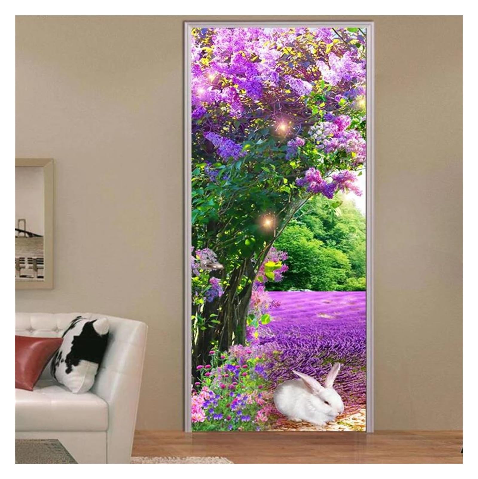 Papier peint de porte lapin et arbre violet pour une chambre parentale cosye