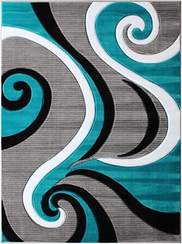 Miniatura 9 de Masada Rugs, Sophia Collection - Alfombra tallada a mano, moderna, contemporánea, turquesa, blanco, gris, negro (5 pies 3 pulgadas x 5 pies 3
