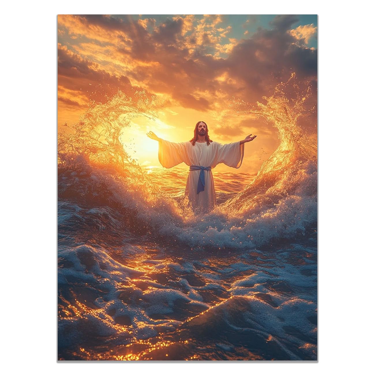QUSAAOU Jesus Wall Jesus in Sunset Waves Decor Vintage Religious Prints Painting Neutral God Poster Artwork Living Room Bedroom Hallway Home Decoration(orange)-60x90cm Unframed