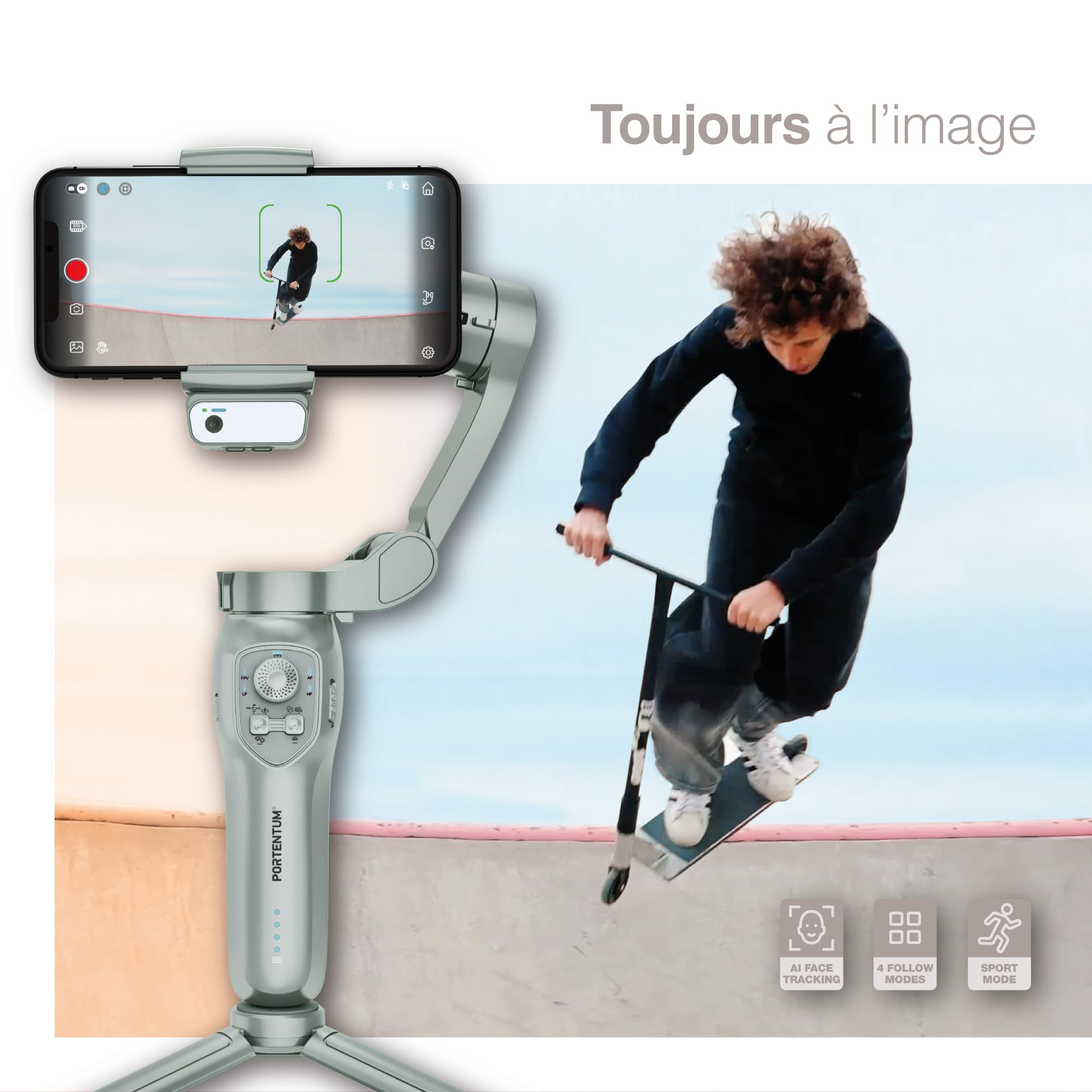 PORTENTUM 7 Pro Stabilisateur Smartphone avec Module IA de Suivi Autonome – Gimbal à 3 Axes Pliable avec trépied – Stabilisateur iphone et Android – App optionnelle – vlog Youtube TikTok