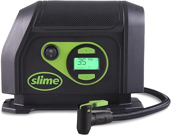 Slime 40088 Tire Inflator, Portable Car Air Compressor, Inflate Right automatic shut off, with Digital 99 psi Display, Long Hose and LED Light, 12V, 6 min inflation