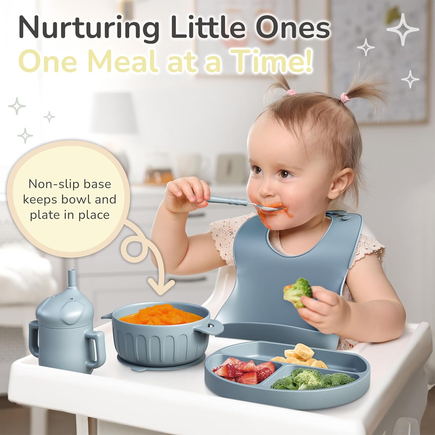 mimi & kiki BPA-Free Silicone Baby Feeding Set, Baby Plates and Bowls Set, Baby Led Weaning Supplies, Silicone Suction Plate, Baby Utensils, Bib and Cup, Self Feeding, Dishwasher Safe (Blue) - Image 5