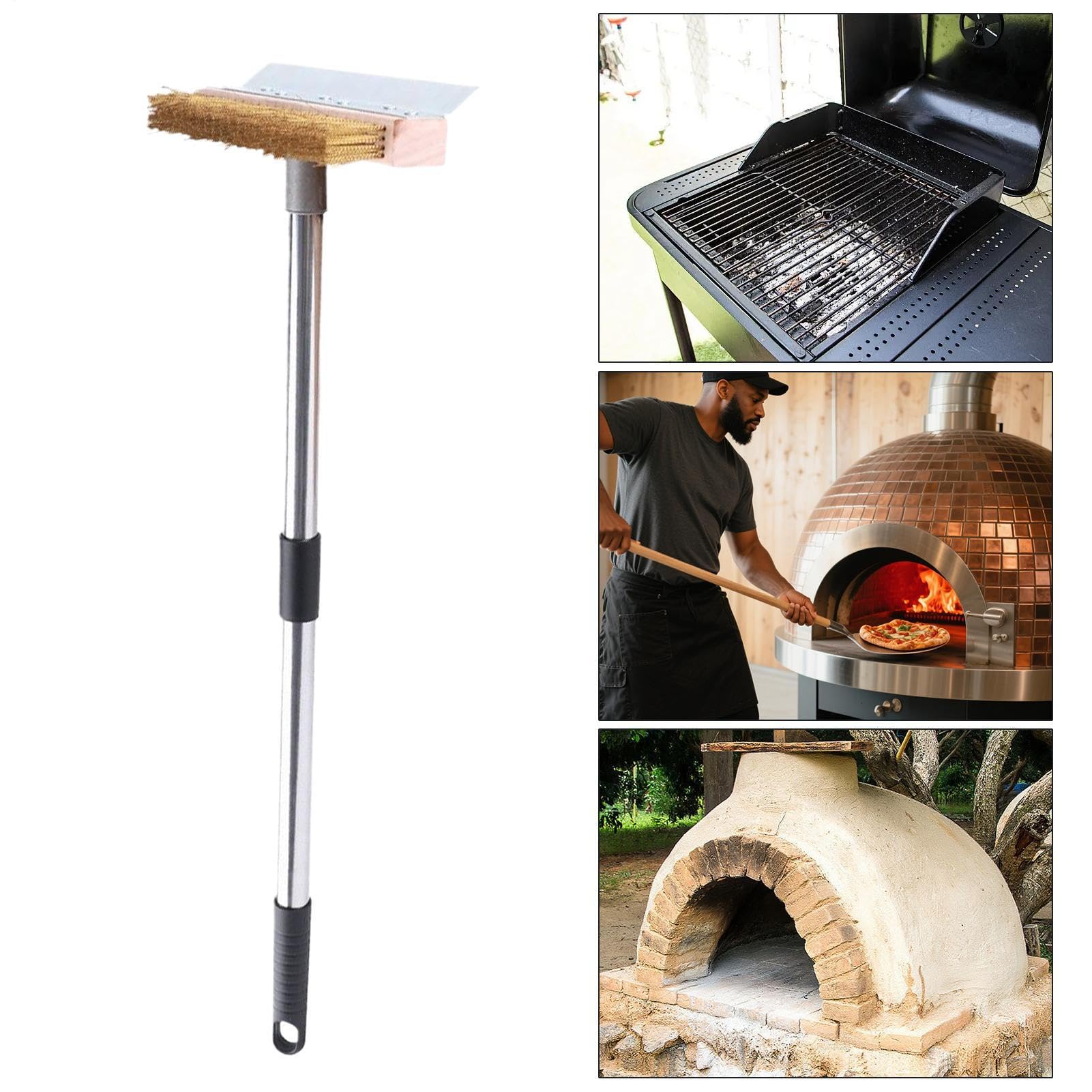 Cepillo Y Raspador Para Piedra De Pizza Mango antideslizante y mango largo | Herramienta Lavado Parrilla Barbacoa Lavable para exterior, jardín, patio, barbacoa y parrilla