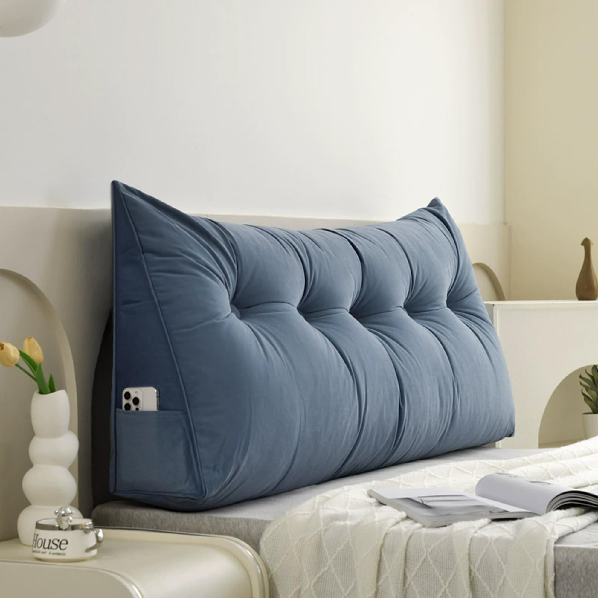 Hruile Triangular Backrest Reading Pillow, Ergonomic Lumbar Support Cushion for Backrest, Wedge Headboard Pillow, Double Single Bed Back Cushion with Removable Cover (120x50x20cm,Blue)