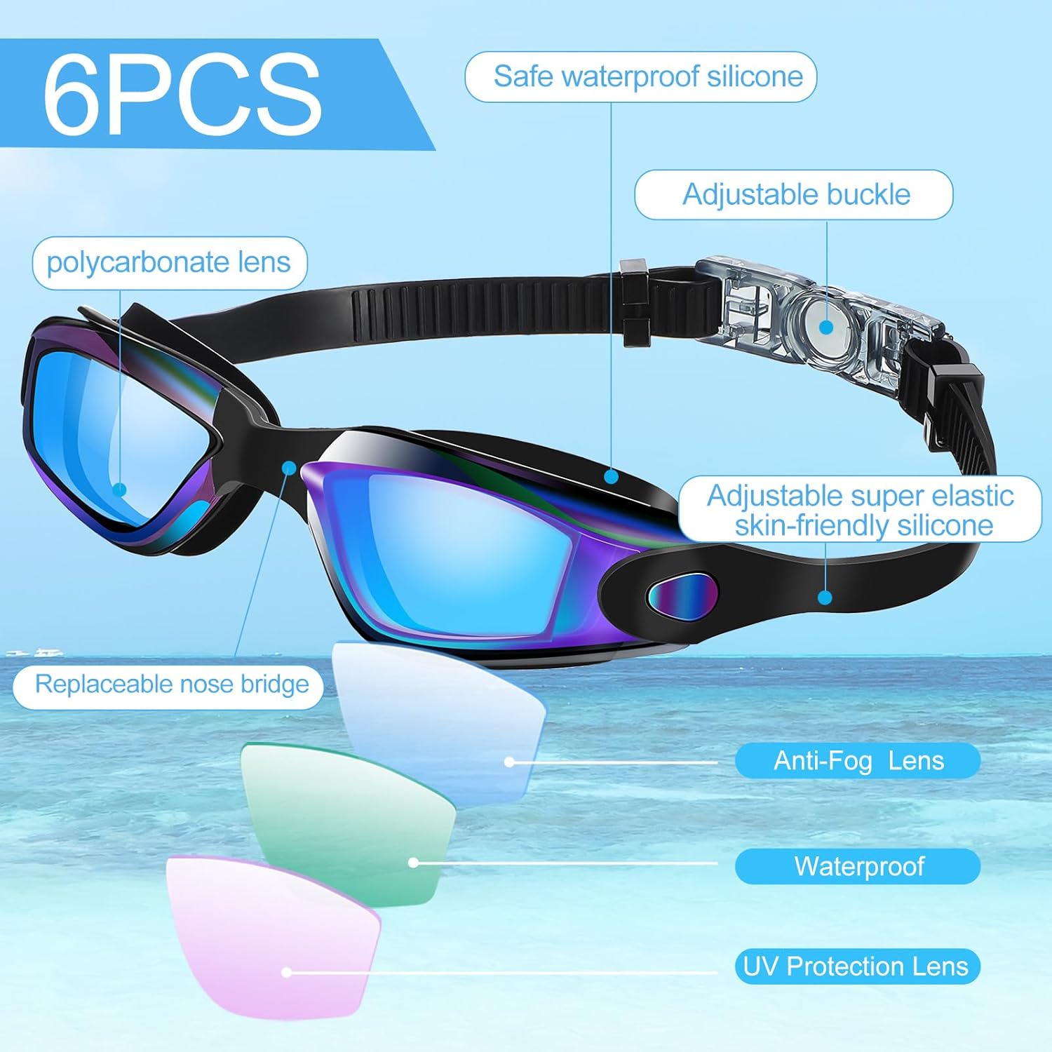 Flutesan 6 Pack Swimming Goggles Adult Kids Anti Fog Pool Goggles with Ear Plugs Nose Clip No Leaking Full Protection
