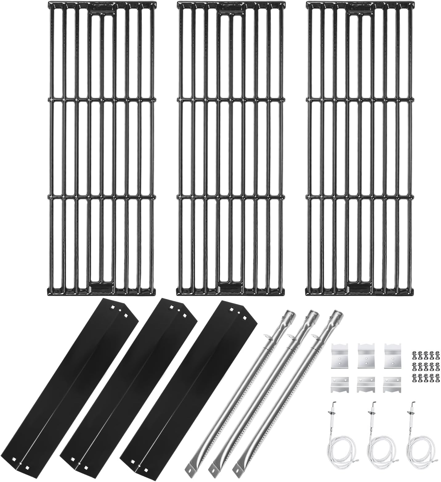 Hisencn Replacement Parts for Chargriller 3001, 3008, 3030, 4000, 5050, 5252 Gas Grill Models, Stainless Steel Burner, Porcelain Steel Heat Plate, Porcelain Cast Iron Cooking Grid Grates