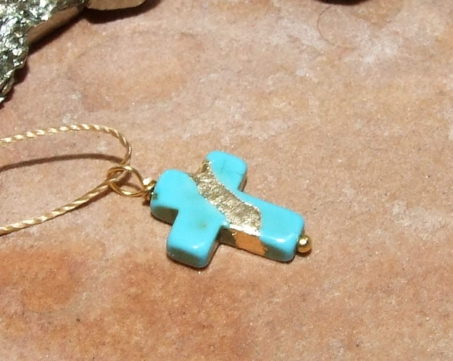 Kintsugi Petite Cross Turquoise Howlite, Broken, Mended with 23k Gold, Cord Necklace