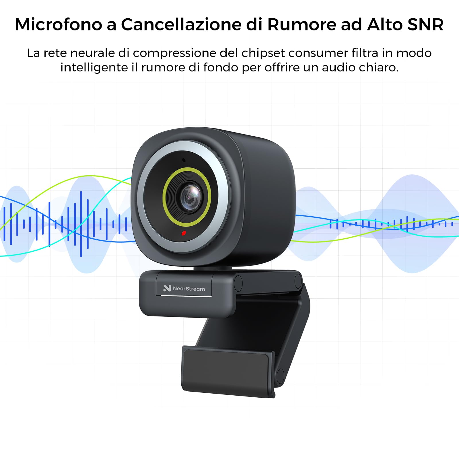 NearStream Webcam PC 1080P 60fps con microfono cancellazione del rumore, webcam streaming autofocus con FOV regolabile, USB Plug and Play, controllo software (V02AF)
