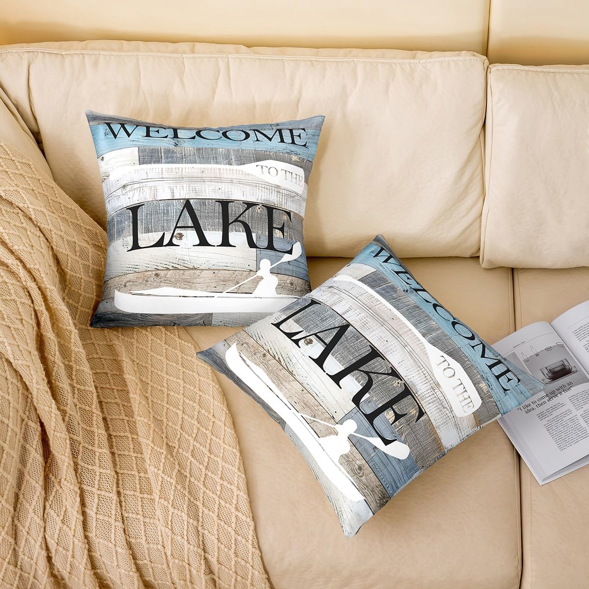 Lake Themed Pillow Cover Blue Gray Retro Wooden Stripes Decor Pillow Case for Kids Teens Adults Lodge Cabin Rutsic Farmhouse Style Soft Cushion Cover for Living Room Sofa 24x24 Inch