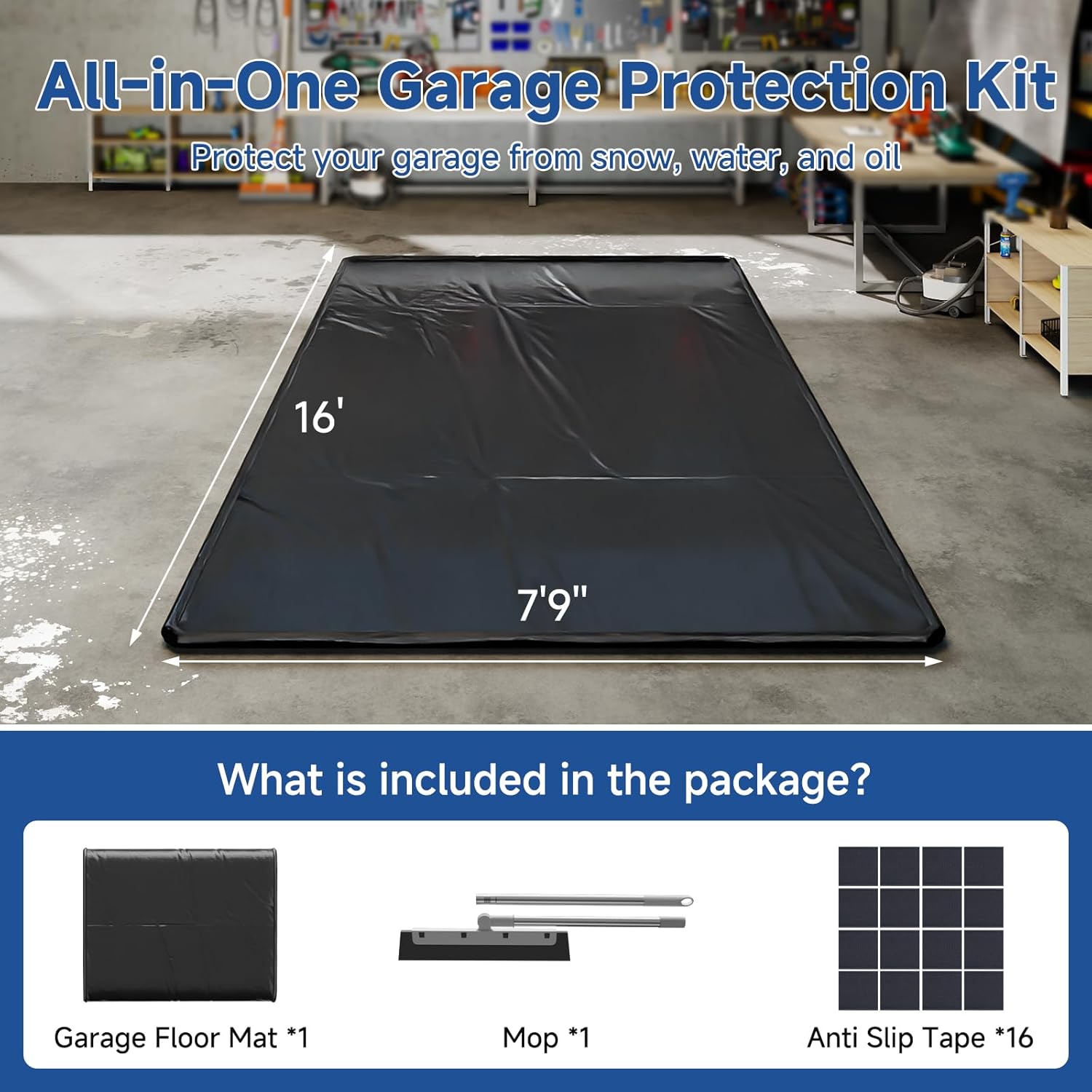 LILYPELLE Garage Floor Mat, 7'9" x 16' PVC Containment Mats for Under Car with Raised Edge,Heavy Duty Garage Parking Mat with Squeegee,Waterproof Non-Slip for Floor Against Snow, Rain & Mud