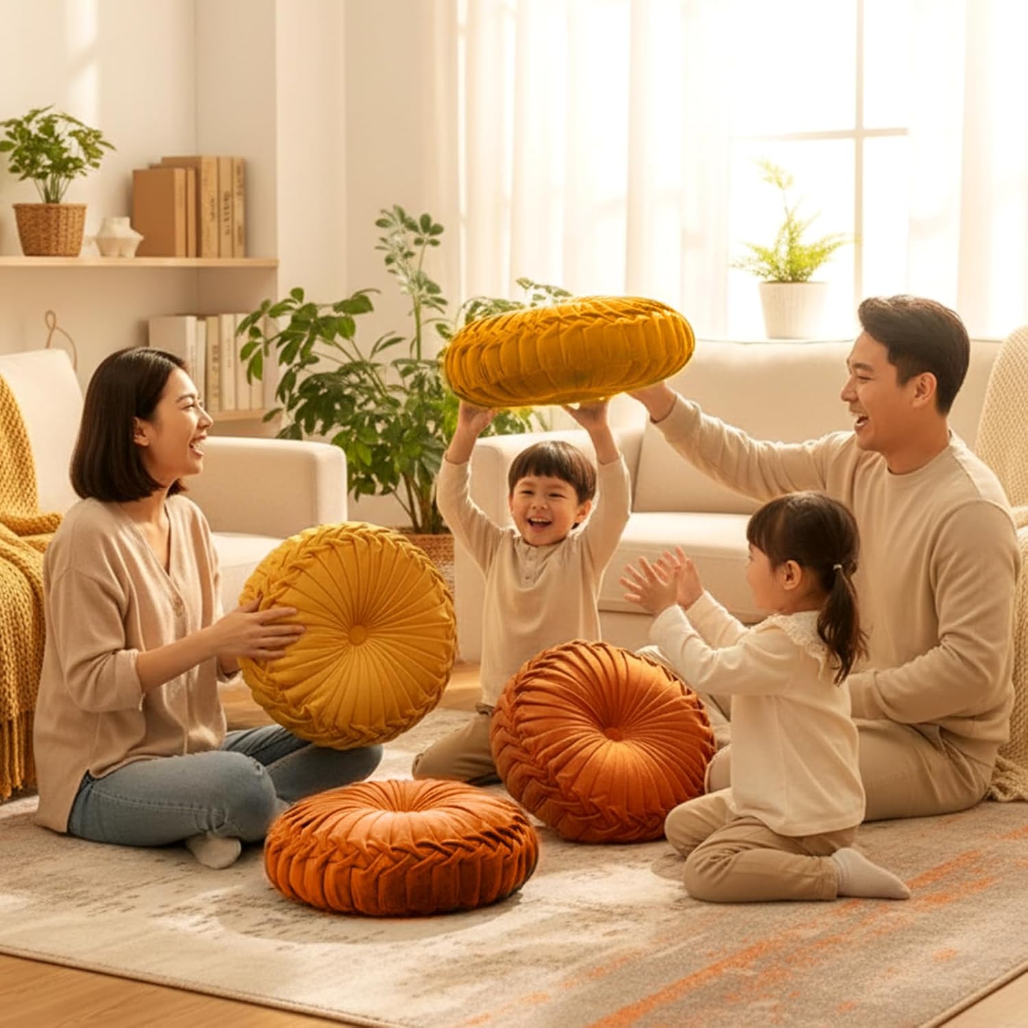 4 Pcs Round Throw Pillows Decorative Velvet Pleated Throw Pillows 15'' Diameter Accent Pumpkin Boho Chair Cushion for Couch Sofa Chair Bed Home Decoration (Burnt Orange,Yellow) - Image 6