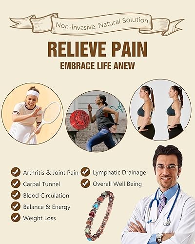 Miniatura 3 de Feraco Pulseras de Cobre Puro para Mujeres, Pulsera Magnética de Ultra Fuerza con Imanes de 3800 Gauss y Turquesa Natural y Piedras, Ajustable,